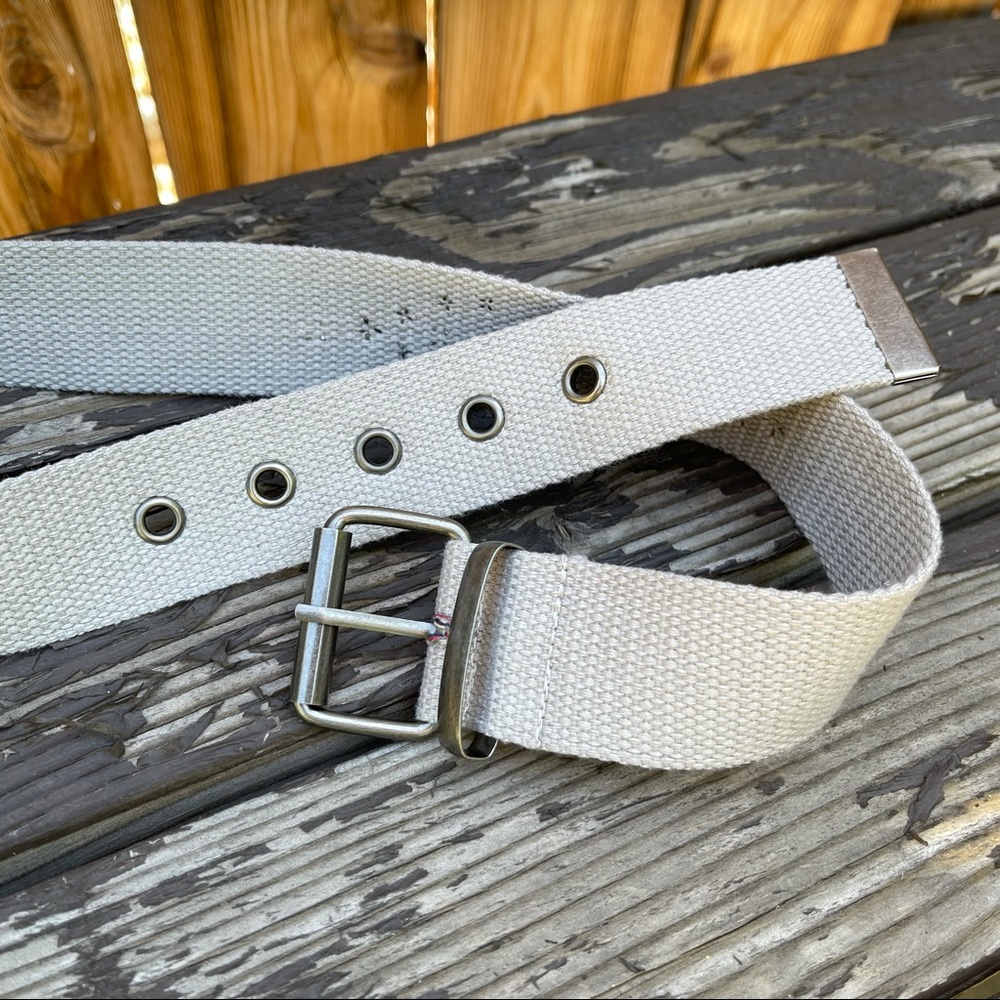 Tan Silver Studded Fabric Eyelet Punched Belt 31"